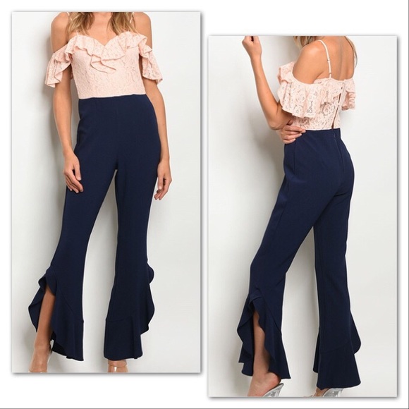*CLEARANCE* Peach Lace Navy Ruffle Flares Jumpsuit - Picture 5 of 8
